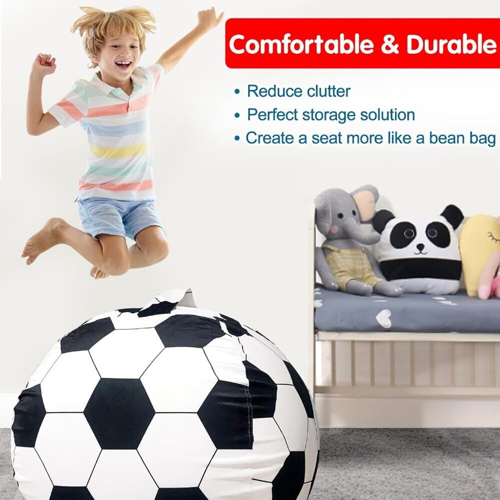 Stuffed Animal Storage Bean Bag Chair Cover for Kids, Soccer Zipper Beanbag Chai - Picture 3 of 6